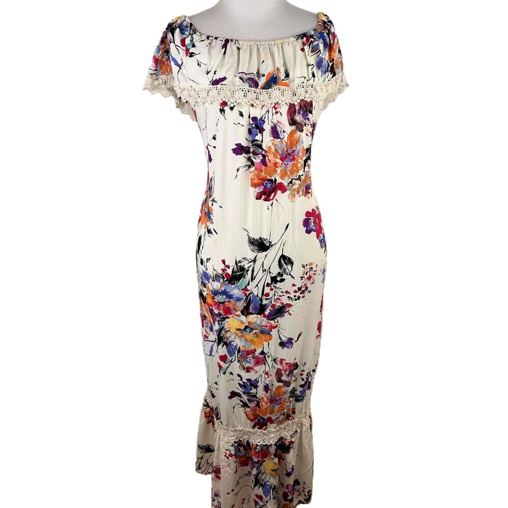 Altar'd State White Floral Print Lace Trim Off-Shoulder Dress Size Small